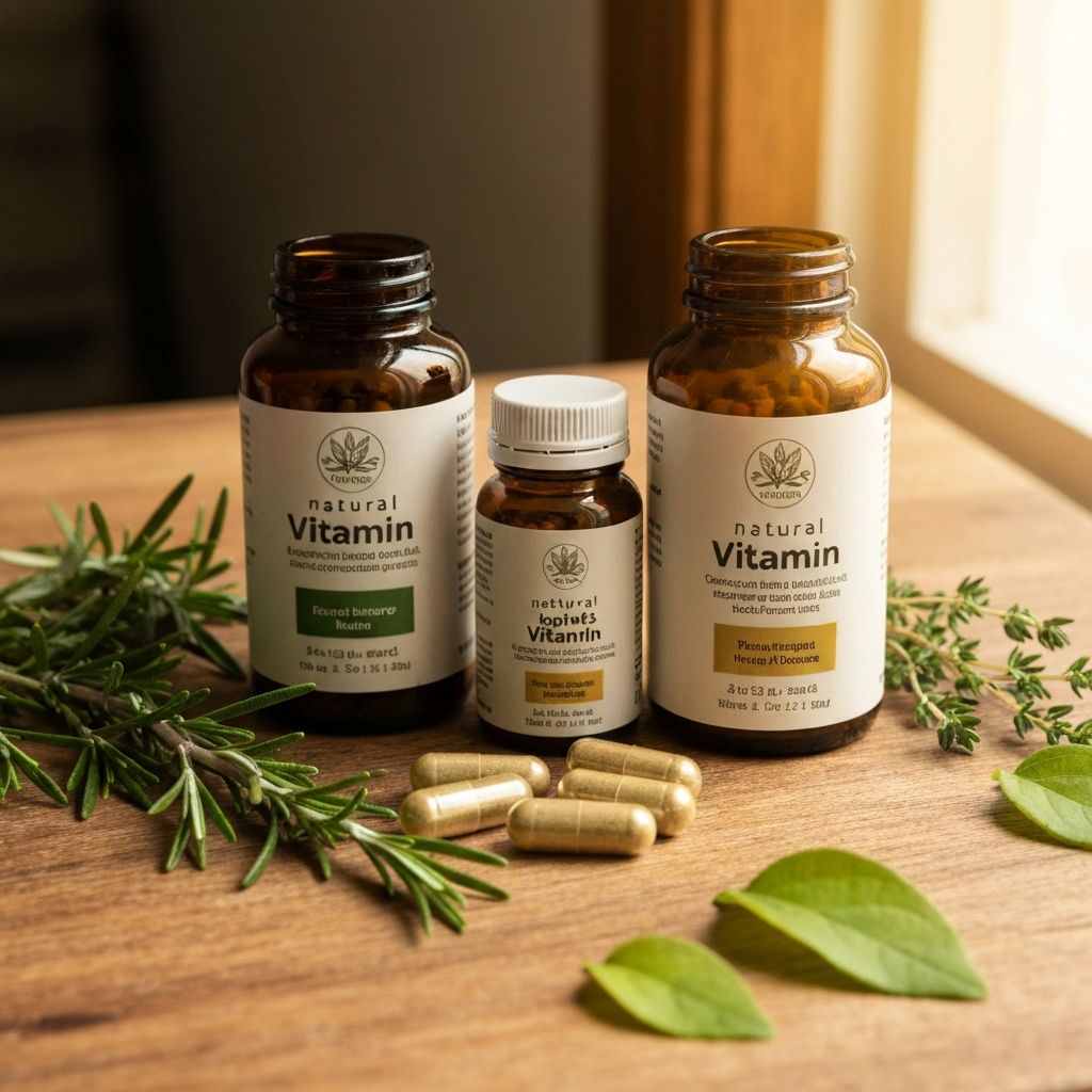 Natural vitamins for men displayed on wooden surface